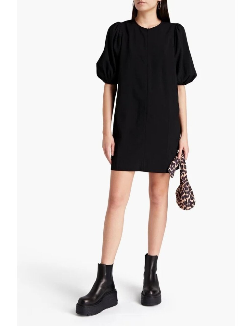 GANNI Heavy Crepe Mini Baloon Sleve Dress Black Minimalist Size EU 38 NWT